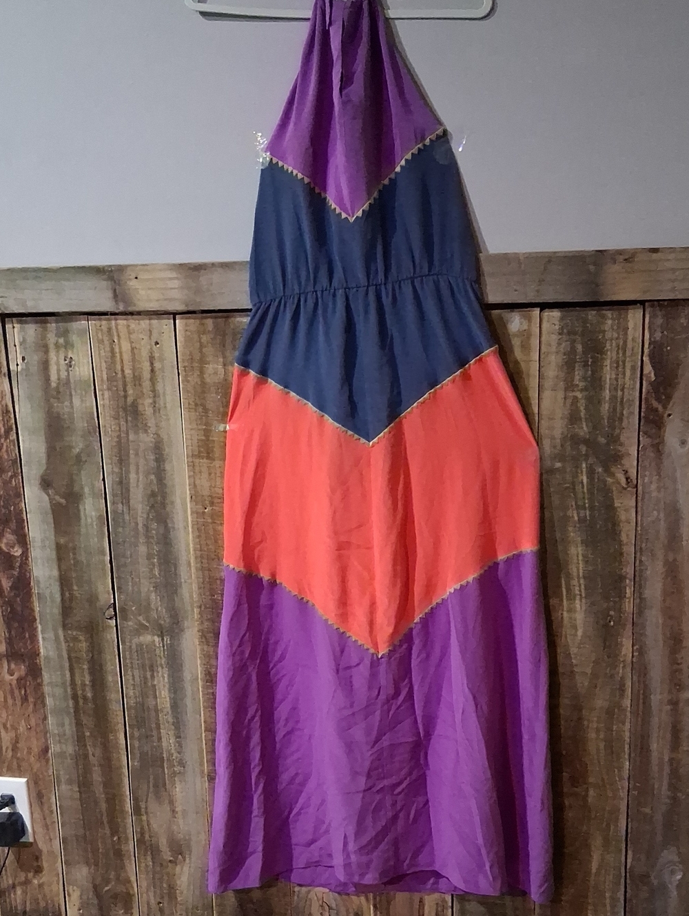 100 % SILK BCBGMaxAzria Purple, Navy & Coral Colorblock Maxi Dress
